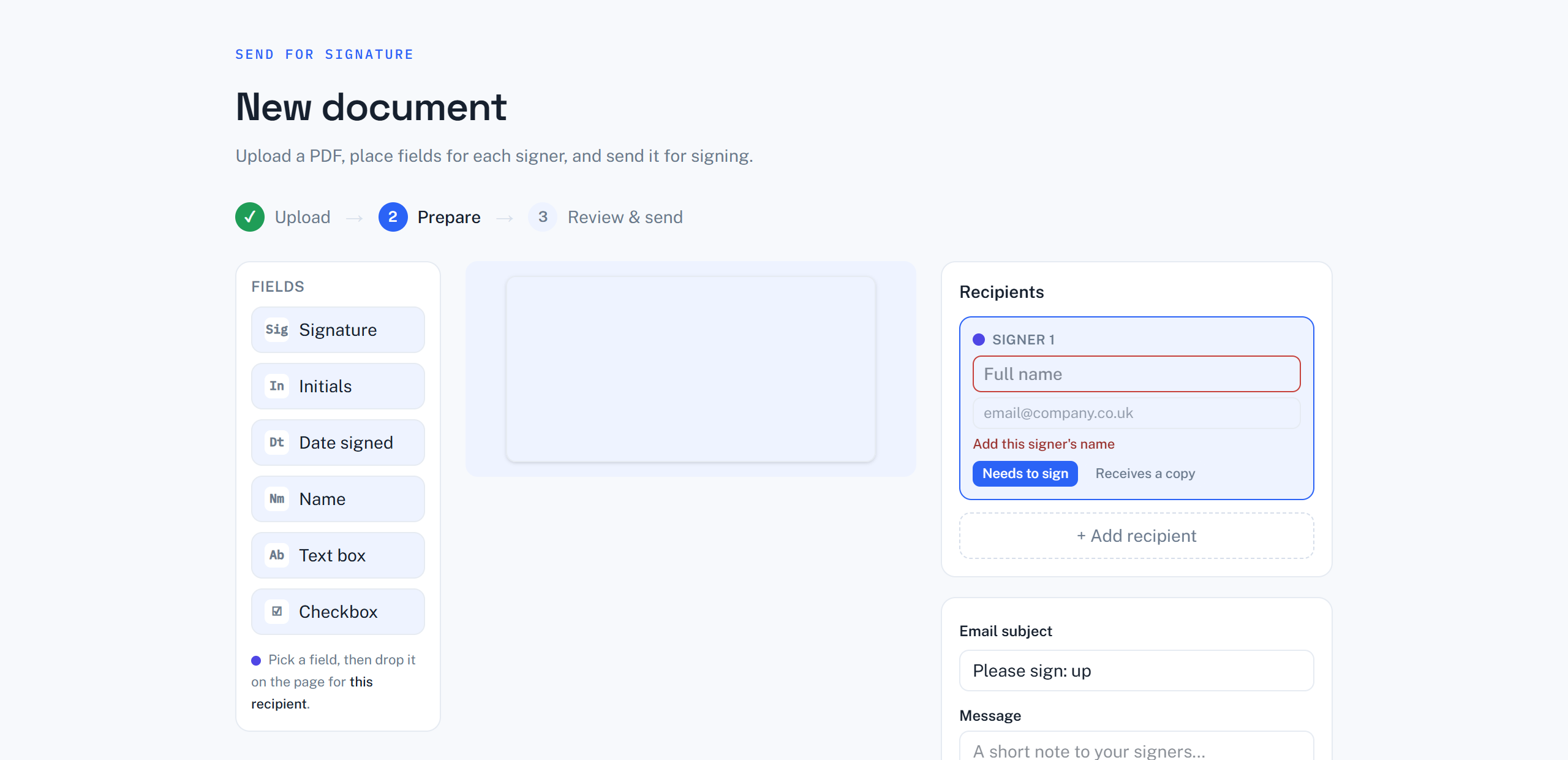 The Pixasign send flow: a quotation with a blue ‘Sign here’ box being dropped on the signature line, and a panel for the signer’s name and email.