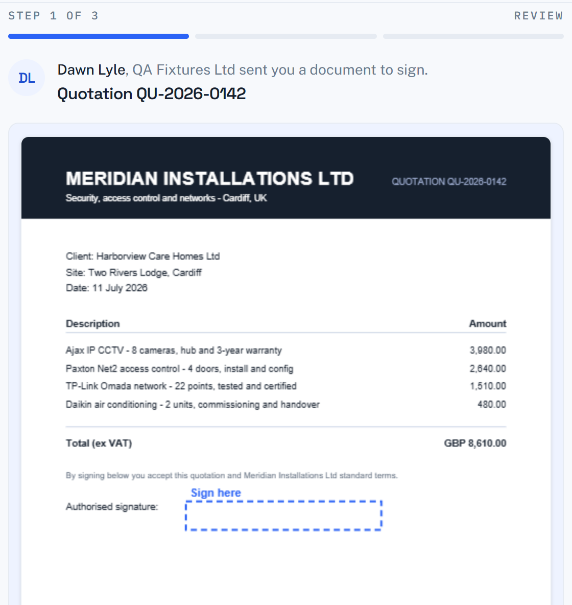 The Pixasign signer page: a sender card, the rendered document with a blue Sign here box, ready to sign with no login required.